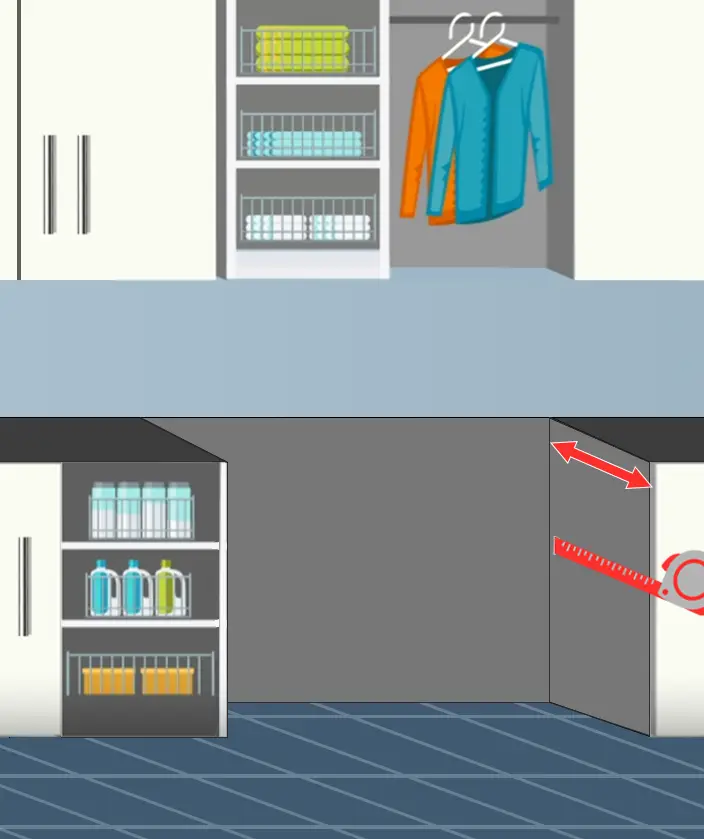 A laundry space that the laundry will be placed in.  The measuring tape is measuring the depth of the space from the back wall to the front face of the cabinet.