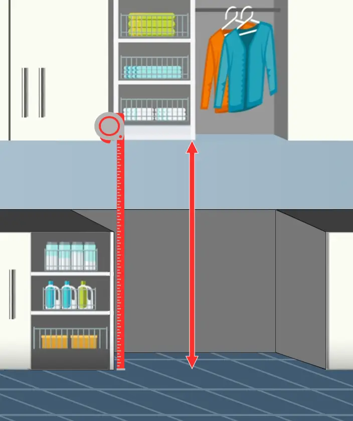 A laundry space that the laundry will be placed in.  The measuring tape is measuring from the floor to the bottom of the cabinet above the laundry.