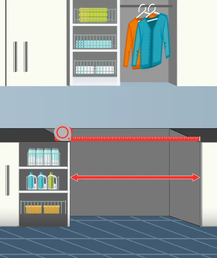 A laundry space that the laundry will be placed in.  The measuring tape is measuring the width of the opening in several places horizontally.