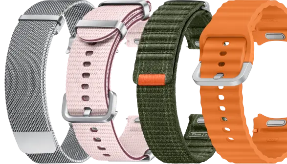 A range of watch straps of different colours which contains gray, pink, black and orange straps