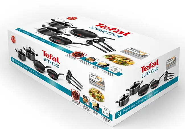 TEFAL Super Cook 9 pc set frypan 24 cm, wokpan 28 cm, stewpots 22/24 cm,  spoon, slotted spoon, slotted spatula B459S984