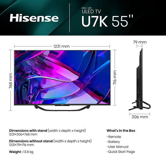 Hisense 55 U7 Series Mini-LED ULED 4K Google TV (55U7K)