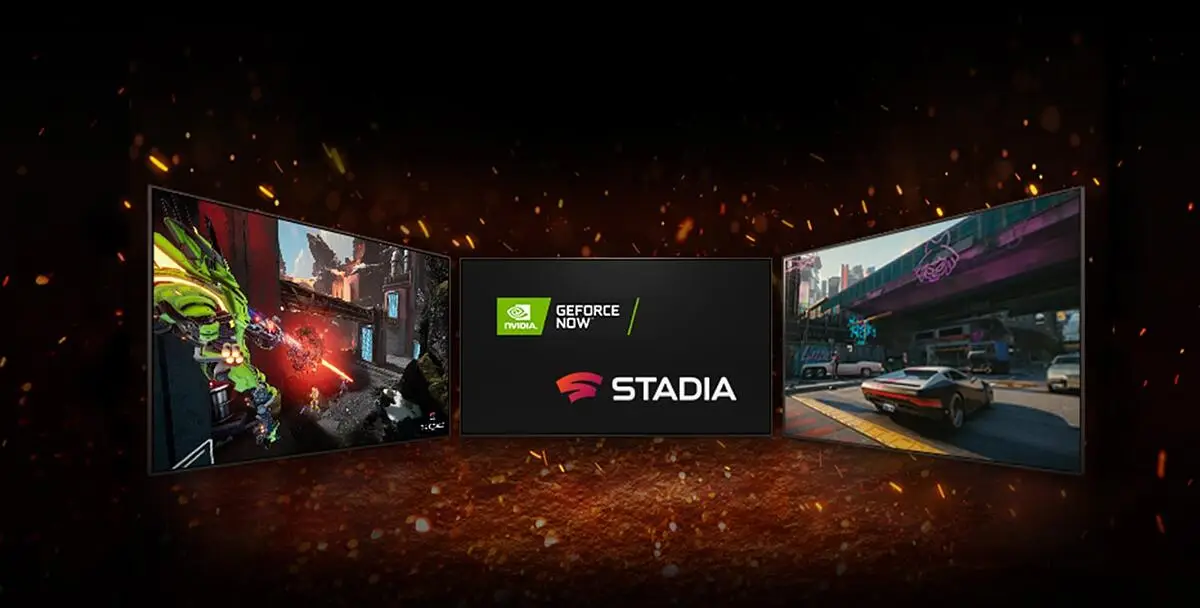 There are three TVs displayed. In the middle, the screen shows two logos placed in diagonal – logo of NVIDIA GeFORCE NOW and logo of STADIA. On left TV shows Splitgate and on right TV shows Cyberpunk