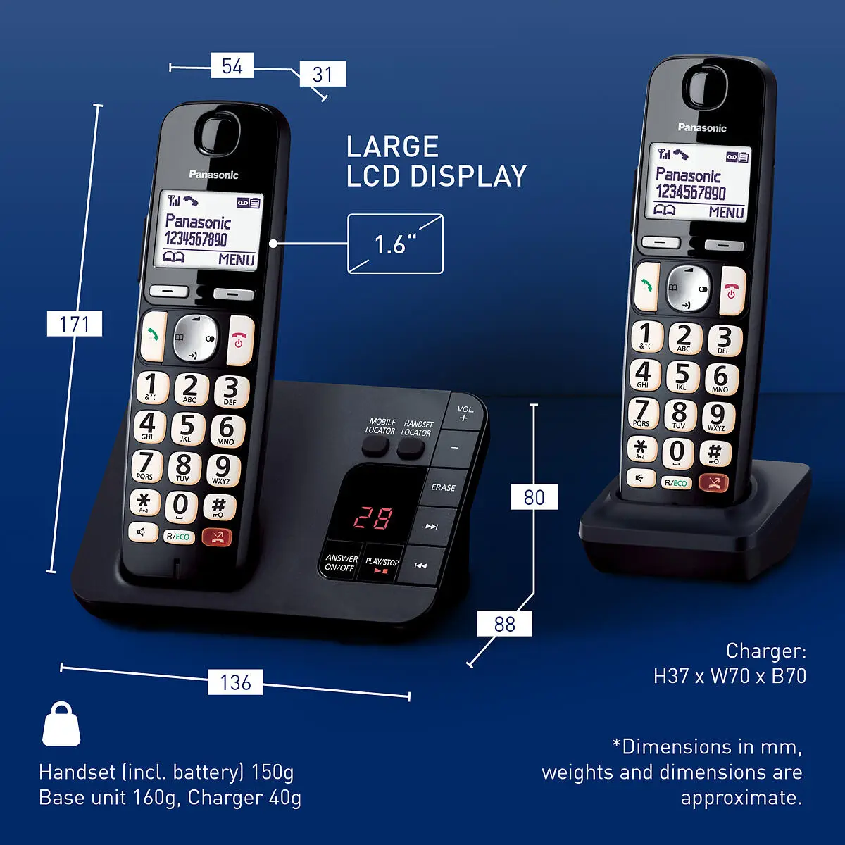 Panasonic KX-TG1612 - Twin DECT Cordless Phones - Red Base, Mobile